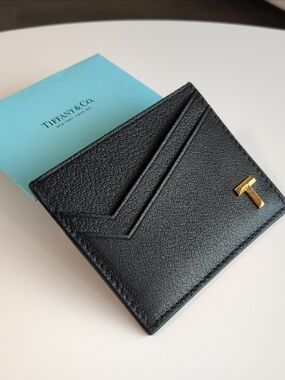 Tiffany & Co. Black Leather Card Holder with Gold T Accent